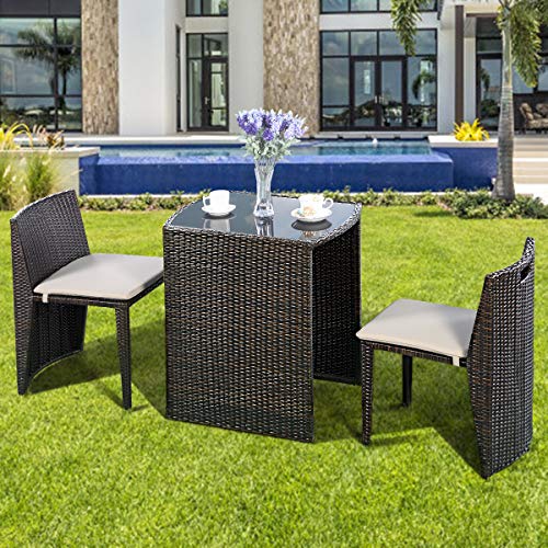 Giantex 3 PCS Cushioned Outdoor Wicker Patio Set Convention Bistro Set Garden Lawn Space Saving Conversation Sofa Furniture No Assembly (Brown) - color: Brown