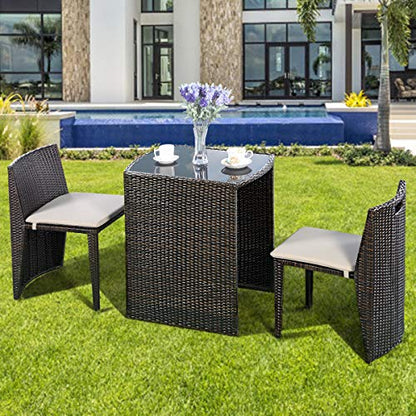 Giantex 3 PCS Cushioned Outdoor Wicker Patio Set Convention Bistro Set Garden Lawn Space Saving Conversation Sofa Furniture No Assembly (Brown) - color: Brown