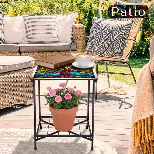 Cinnvoice Outdoor Side Table 2-Tier Storage Square Small Mosaic Patio Accent Indoor End Plant Coffee Tea Table for Yard Patio Porch Garden Living Room, Bedroom(Tree of Life Style) - style: Tree of Life Style