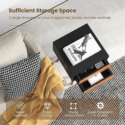 GOFLAME Nightstand with 2 Drawers, Small Wooden Side Table, Mid Century Modern Bedside Table with Storage, Compact End Table for Bedroom, Easy Assembly, Black & Natural - color: Black & Natural