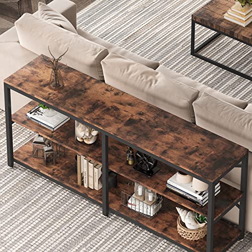 Tribesigns 70.9 Inch Extra Long Console Table, Modern Sofa Table Behind Couch Table with Storage Shelves, 3-Tier Industrial Hallway Entryway Table for Living Room, 3 Shelf Bookshelf(Brown) - color: Brown