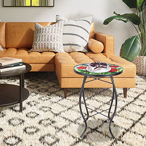 MUMTOP Outdoor Side Table - Small Mosaic Patio Tables, 14” Round Accent End Coffee Glass Plant Stand for Garden Living Room(Poppy) - color: Red Flower