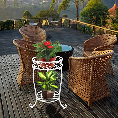 NAKUPE White Metal Plant Stand, 18.5 inch Tall 2 Tier Potted Holder Rack, Heavy Duty Flower Pot Shelf for Indoor Outdoor Patio Balcony Corner Garden