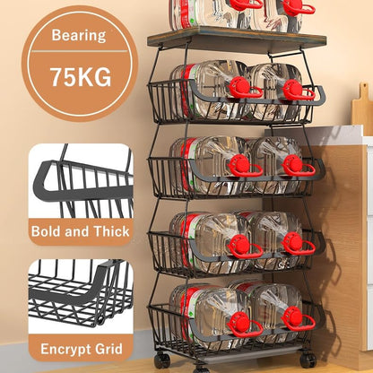 Metal Wire Baskets with Wheels, Kitchen Organizer, 6 Tier Stackable Storage Containers, Fruit and Vegetable Trolley, Dish Rack for Bathroom, Garage and Pantry