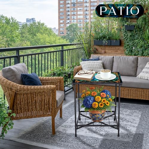 Cinnvoice Outdoor Side Table 2-Tier Storage Square Small Mosaic Patio Accent Indoor End Plant Coffee Tea Table for Yard Patio Porch Garden Living Room, Bedroom(Butterfly Style) - style: Butterfly Style