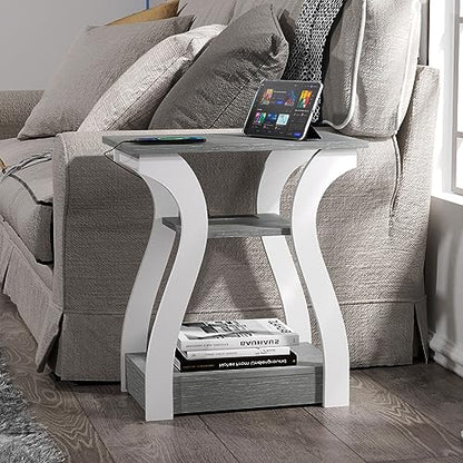FROMJBEST End Tables Living Room, Grey End Table with Charging Station | Side Table Living Room, with USB Ports and Outlets, Nightstand for Bedroom, 3-Tier Storage Shelf, Bedside Table - color: Grey