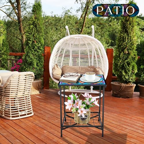 Cinnvoice Outdoor Side Table 2-Tier Storage Square Small Mosaic Patio Accent Indoor End Plant Coffee Tea Table for Yard Patio Porch Garden Living Room, Bedroom(Mandala Style) - style: Mandala Style