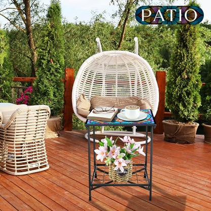 Cinnvoice Outdoor Side Table 2-Tier Storage Square Small Mosaic Patio Accent Indoor End Plant Coffee Tea Table for Yard Patio Porch Garden Living Room, Bedroom(Mandala Style) - style: Mandala Style