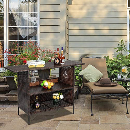 54.7" Patio Wicker Sideboard Buffet Cabinet Prep Table,All Weather Patio Rattan Wicker Bar Table,Outdoor Patio Bar Table,with Storage Shelves,for Party Porch Backyard Garden Poolside (Brown)