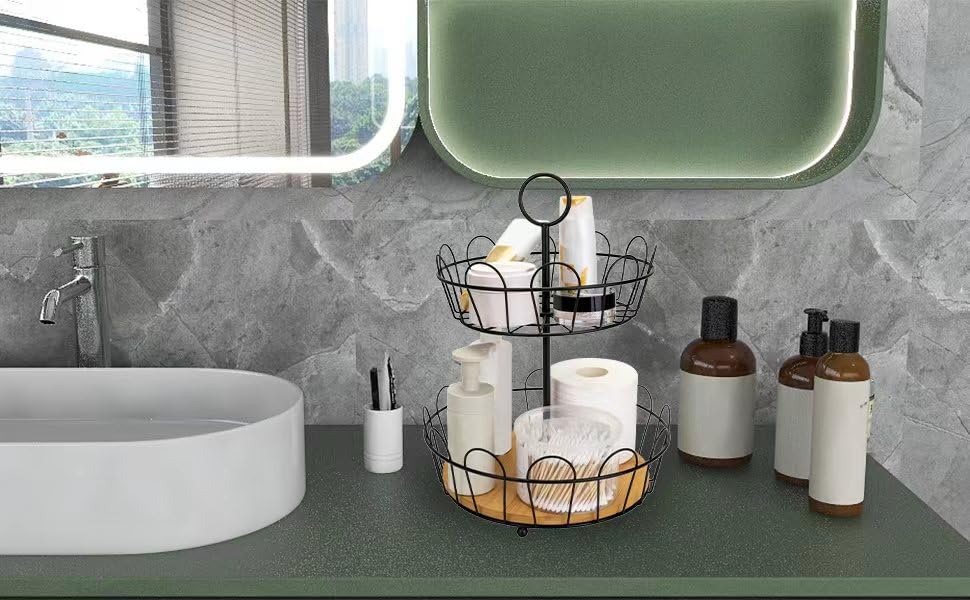 HANZE 2-Tier Farmhouse Fruit Basket Stand, Wire Fruit Vegetables Countertop Storage Rack, Multifunctional Detachable Bread Snack Holder Bowl for Kitchen and Bathroom Organization - Black - color: 2-Tier(Black)