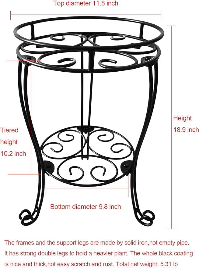 TREEZITEK 11.8 inches Diameter Tall Metal Plant Stand for Indoor or Outdoor,Heavy Duty Flower Pot Stand Rack Holds Big Heavy Plants,Black (18.9 INCHES TALL) - size: 18.9 INCHES TALL