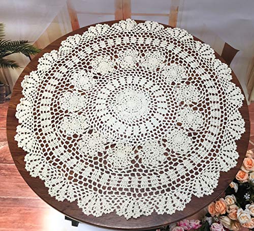 Damanni Beige Cotton Handmade Crochet Lace Tablecloth Doilies Table Overlay,Round,23 Inch,2PC - size: Beige-2pc-23 Inch