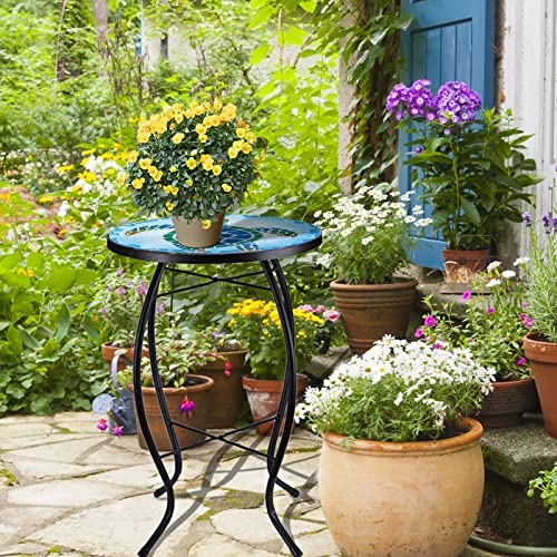 VCUTEKA Patio Side Table Outdoor Accent Table Bistro Coffee Table Plant End Table Small Porch Table Indoor Round Glass Balcony Plant Table Stands Sea Turtle 12'' - color: Sea Turtle