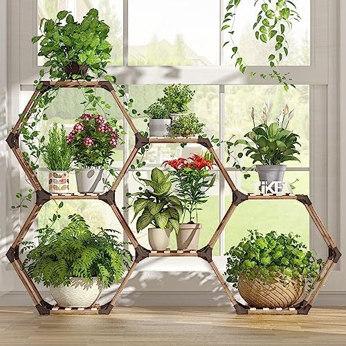 Tikea Hexagonal Indoor Outdoor Plant Stand, 7-Tier Wooden Plant Shelf | Large Plant Shelves Indoor Plant Rack for Patio Balcony Window Living Room Decor, DIY Creative unique Shapes Plant Stand