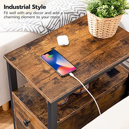 HOOBRO Set of 2 End Tables with Charging Station, Narrow Side Table with Drawers, Power Outlets, Nightstand for Small Spaces, Living Room, Stable and Sturdy, Rustic Brown and Black BF541BZP201 - color: Rustic Brown + Black