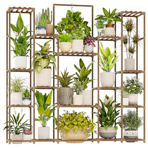 Bamworld Plant Shelf Indoor Hanging Plant Stand Outdoor Large Plant Shelves Tall Flower Holder wooden plant stand for Multiple Plants Plant Rack for Living Room Balcony Decor Garden Clearance Deals 17 Pots Plant Table