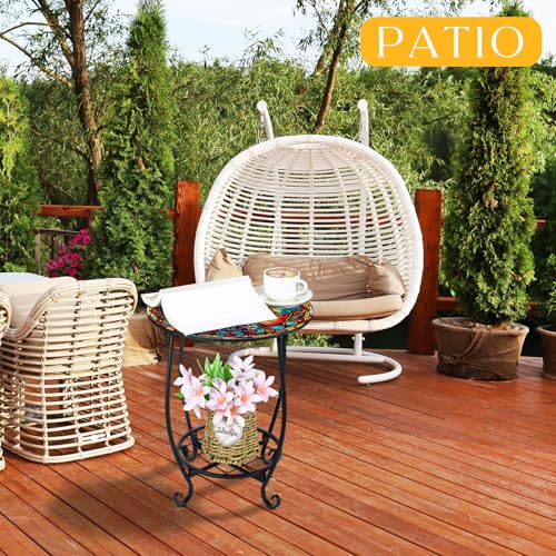 Cinnvoice Outdoor Side Table Round Small Mosaic Patio Accent Indoor End Plant Coffee Tea Table for Yard Patio Porch Garden Living Room, Bedroom(Tree Style,14 Inch) - size: 14 Inch, style: Tree Style