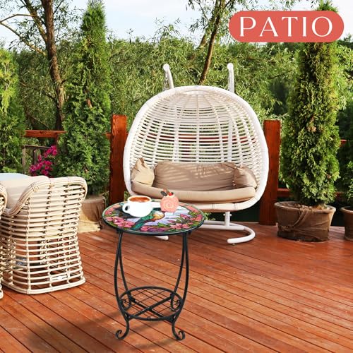 Cinnvoice Outdoor Side Table Round Small Mosaic Patio Accent Indoor End Plant Coffee Tea Table for Yard Patio Porch Garden Living Room, Bedroom(Hummingbird Style,14 Inch) - size: 14 Inch, style: Hummingbird Style