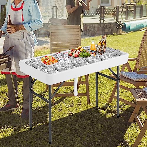 COSTWAY 4FT Cooler Table, Folding Ice Table for Parties with Drain & Bucket & Removable Skirt, Ideal for Tailgate, BBQ & Picnic - size: 48" x 24"
