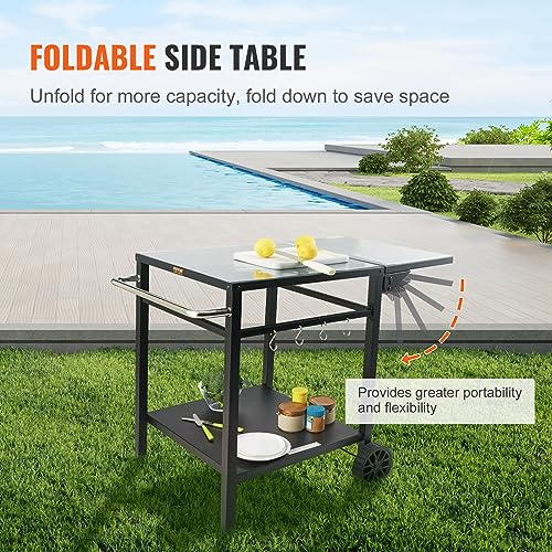 VEVOR Outdoor Grill Dining Cart with Double-Shelf, BBQ Movable Food Prep Table, Multifunctional Foldable Iron Table Top, Portable Modular Carts for Pizza Oven, Worktable with 2 Wheels, Carry Handle - size: 21.65"D x 21.65"W x 29.72"H, style: Iron Table To