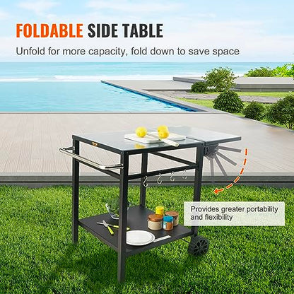 VEVOR Outdoor Grill Dining Cart with Double-Shelf, BBQ Movable Food Prep Table, Multifunctional Foldable Iron Table Top, Portable Modular Carts for Pizza Oven, Worktable with 2 Wheels, Carry Handle - size: 21.65"D x 21.65"W x 29.72"H, style: Iron Table To