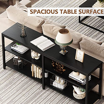 Tribesigns 70.9 Inch Extra Long Console Table, Modern Sofa Table Behind Couch Table with Storage Shelves, 3-Tier Industrial Hallway Entryway Table for Living Room, 3 Shelf Bookshelf(Black) - color: Black