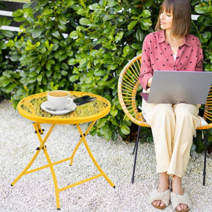 TeoKJ Folding Outdoor Side Tables, Anti Rust Small Patio Table Round Metal Nightstand with Flower Cutouts for Porch Yard Balcony Deck Lawn, Yellow - color: Yellow
