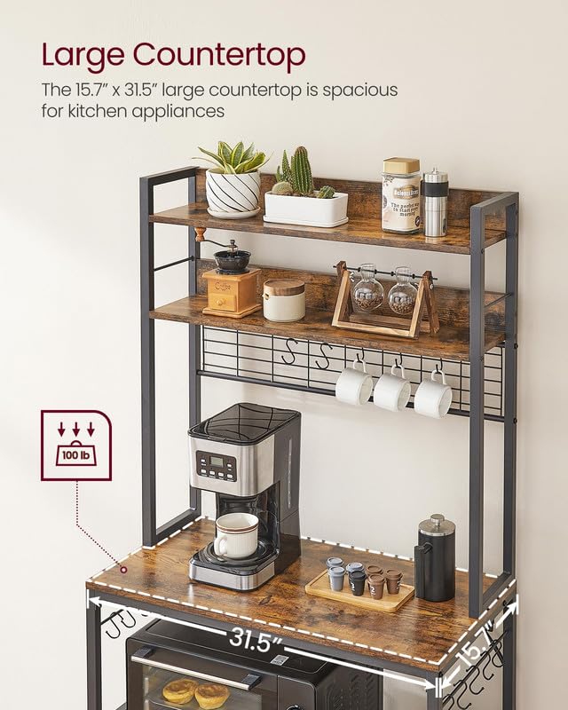 VASAGLE Bakers Rack with Power Outlet, Microwave Stand, Kitchen Tall Utility Storage Shelf, with Metal Wire Panel, 14 Hooks, 15.7 x 31.5 x 66.9 Inches, Rustic Brown and Ink Black UKKS025B01 - color: Rustic Brown + Ink Black, size: 31.5"W