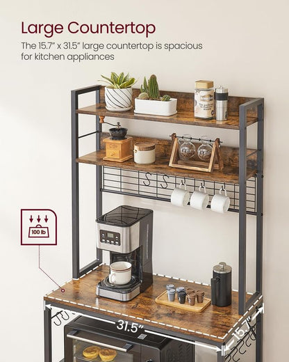 VASAGLE Bakers Rack with Power Outlet, Microwave Stand, Kitchen Tall Utility Storage Shelf, with Metal Wire Panel, 14 Hooks, 15.7 x 31.5 x 66.9 Inches, Rustic Brown and Ink Black UKKS025B01 - color: Rustic Brown + Ink Black, size: 31.5"W
