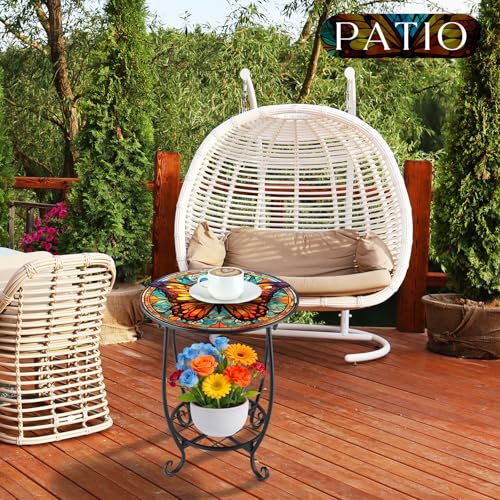 Cinnvoice Outdoor Side Table Round Small Mosaic Patio Accent Indoor End Plant Coffee Tea Table for Yard Patio Porch Garden Living Room, Bedroom(Butterfly B Style,12 Inch) - size: 12 Inch, style: Butterfly B Style