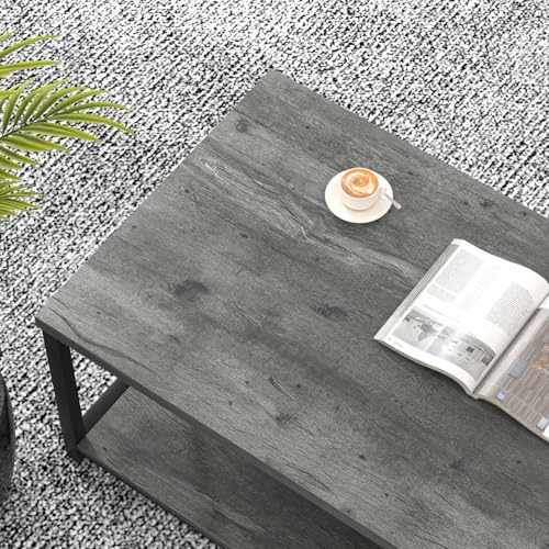 EXCEFUR Coffee Table, Rustic Wood and Metal Living Room Table, Industrial Rectangle Center Table with Storage Shelf, 47 Inch Grey - color: Grey, size: 47 inch