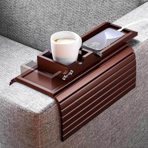 Bestjing Bamboo Couch Armrest Table, Sofa Arm Tray with Detachable Couch Cup Holder- 2 in 1 Anti-Slip Foldable Sofa Armchair Caddy Table for Drinks Cellphone TV Remote Snacks (Walnut)