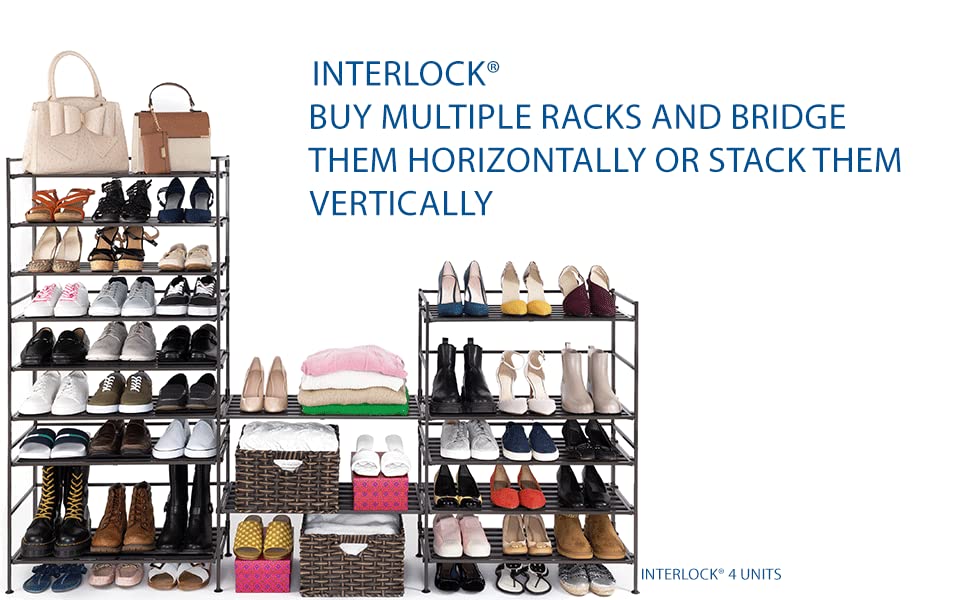 3-Tier Stackable 1" Slat Steel Frame Shoe Rack, 27.25"W x 12.75"D, Espresso | Interlocking modular design maximizes storage while the sturdy steel frame holds up to 12 pairs of shoes (Patented Design) - color: Espresso Slat, size: 3-Tier (NEW MODEL)
