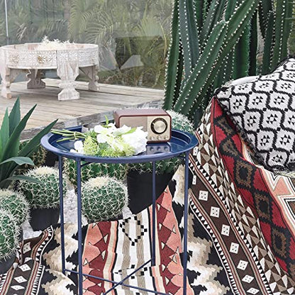 Garden 4 you End Table 2 PCS Metal Side Table Dark Blue Round Folding Tray Cyan Sofa Small Accent Fold-able Table, Round End Table Tray, Next to Sofa Table, Snack Table for Living Room and Bed Room - color: Dark Blue