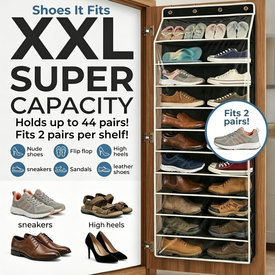 SUREMAX Super Capacity Over The Door Shoe Organizer, 11-Tier Hanging Shoe Rack for Closet Door Fits 33 Pairs, Clear PVC Behind The Door Storage Organizer with Heavy Duty Hooks & Loop Fastener, Black