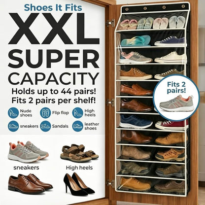 SUREMAX Super Capacity Over The Door Shoe Organizer, 11-Tier Hanging Shoe Rack for Closet Door Fits 33 Pairs, Clear PVC Behind The Door Storage Organizer with Heavy Duty Hooks & Loop Fastener, Black