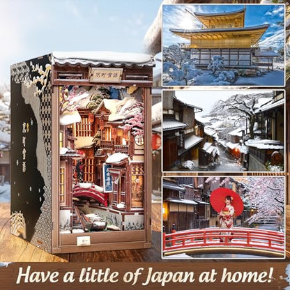 CUTEBEE Book Nook Kit - DIY Miniature House Dollhouse for Adults | Japanese Kyoto Winter Street Scene, Bookshelf Decor 3D Wooden Puzzle Model Kit, Diorama Bookish Gifts (Kyoto Snow Scene)