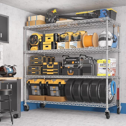 PrimeZone 4 Tier 55.5" Wx24 Dx76 H Wire Shelving with Wheels 2400lbs NSF Certified Storage Shelves Heavy Duty Metal Shelf Adjustable Rolling Rack Commercial Garage Restaurant Warehouse Chrome 2Pack - size: 55.5" W x 24" D x 76" H