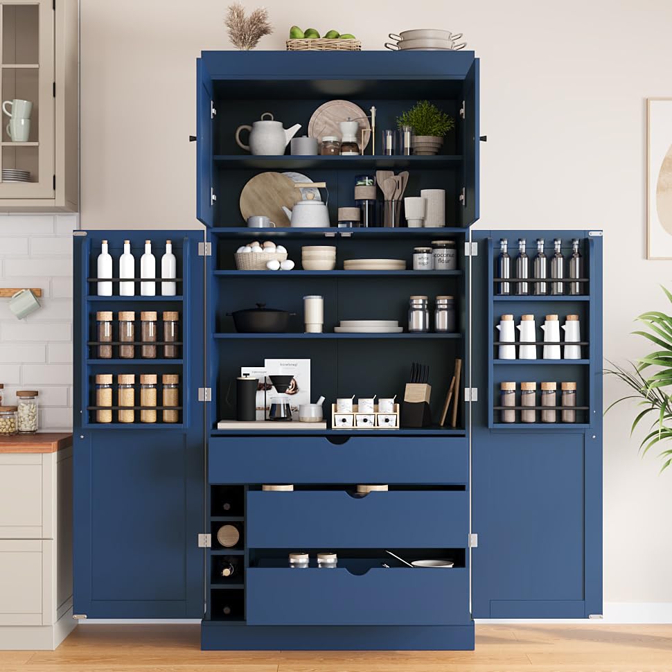 Merax 77'' Tall Freestanding Kitchen Pantry, 35''Lx17.7''W Modern Shaker Style Cupboard Storage Cabinet with Adjustable Shelves,Door Shelves, Drawers and Wine Racks, Blue - color: Blue