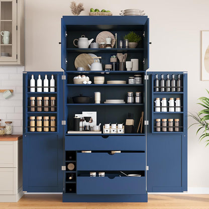 Merax 77'' Tall Freestanding Kitchen Pantry, 35''Lx17.7''W Modern Shaker Style Cupboard Storage Cabinet with Adjustable Shelves,Door Shelves, Drawers and Wine Racks, Blue - color: Blue