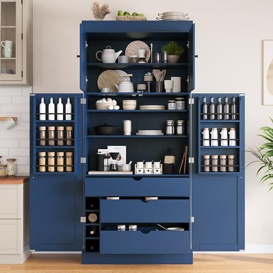 Merax 77'' Tall Freestanding Kitchen Pantry, 35''Lx17.7''W Modern Shaker Style Cupboard Storage Cabinet with Adjustable Shelves,Door Shelves, Drawers and Wine Racks, Blue - color: Blue