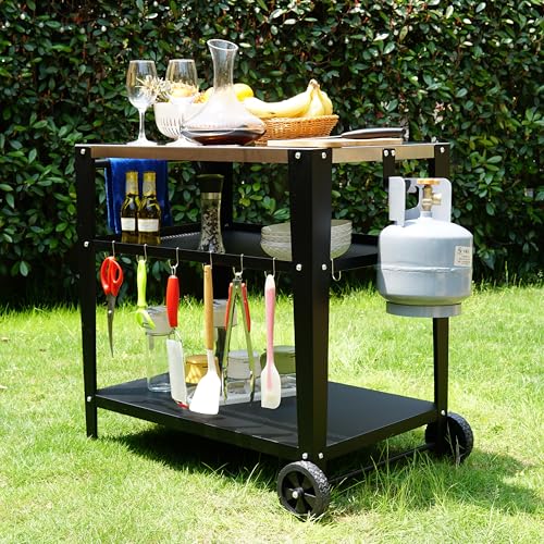 LEETOLLA Stainless Steel Outdoor Grill Cart with Wheels, Heavy-Duty 3-Tier BBQ Prep Table for Pizza Oven, Griddle, Patio – Rustproof Commercial Kitchen Cart with Tool Hooks - color: 304 Stainless Steel