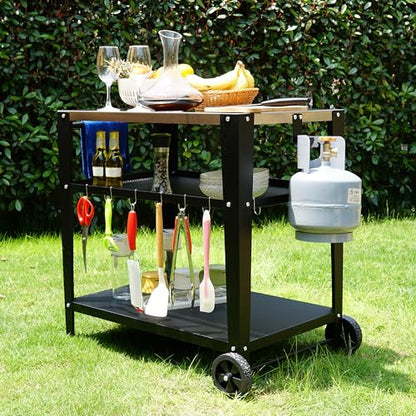 LEETOLLA Stainless Steel Outdoor Grill Cart with Wheels, Heavy-Duty 3-Tier BBQ Prep Table for Pizza Oven, Griddle, Patio – Rustproof Commercial Kitchen Cart with Tool Hooks - color: 304 Stainless Steel