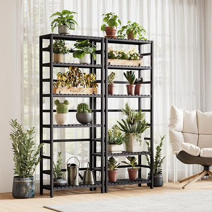 Bamjoy Bamboo Shelf, 6-Tier Bookshelf Adjustable Storage Shelves, Tall Shelving Unit Plant Stand, Storage Rack for Bathroom Home Office Living Room Kitchen, 23.6W x 10.2D x 63.4H Black - color: Black