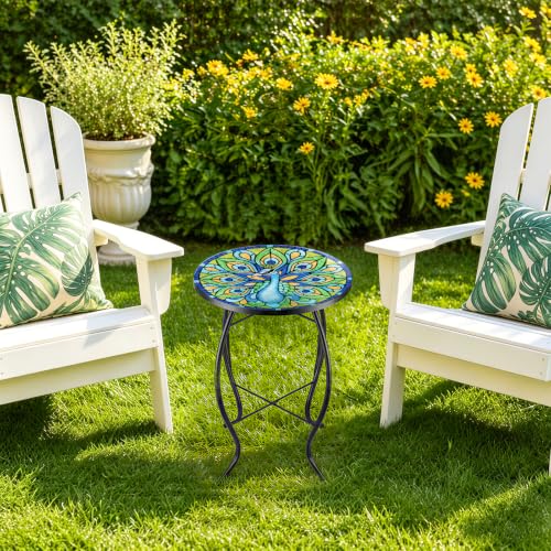 MUMTOP Outdoor Side Table - Small Mosaic Patio Tables, 14” Round Accent End Coffee Glass Plant Stand for Garden Living Room(Peacock) - color: G-peacock
