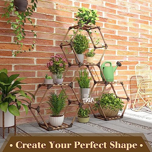 Tikea Hexagonal Indoor Outdoor Plant Stand, 7-Tier Wooden Plant Shelf | Large Plant Shelves Indoor Plant Rack for Patio Balcony Window Living Room Decor, DIY Creative unique Shapes Plant Stand