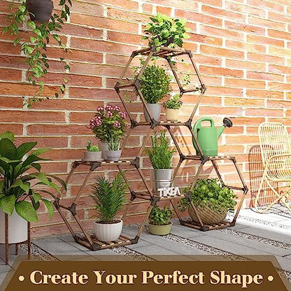 Tikea Hexagonal Indoor Outdoor Plant Stand, 7-Tier Wooden Plant Shelf | Large Plant Shelves Indoor Plant Rack for Patio Balcony Window Living Room Decor, DIY Creative unique Shapes Plant Stand