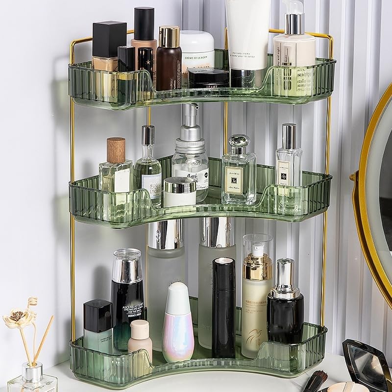 CESTATIVO Corner Bathroom Counter Organizer, Vanity Trays, Skincare Makeup Organizer, Bathroom Counter Shelf (3 Tiers, Green)