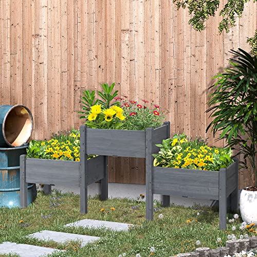 Outsunny Raised Garden Bed with 3 Planter Box, Elevated Wooden Plant Stand with Drainage Holes, for Vegetables, Herb and Flowers, Gray - color: Gray, size: 6.04' x 1.48' x 2.63'