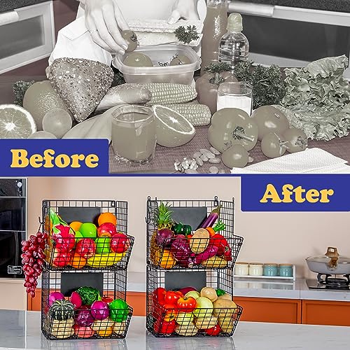 X-cosrack Metal Wire Basket Wall Mount, 4 Tier Extra Large Wall Storage Basket Organizer with Chalkboards, Kitchen Fruits and Vegetables Produce Bin Rack Toys Organizer Bathroom Tower Baskets (Black) - color: Black-4 Tiers